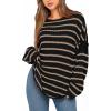 imageBTFBM Womens Striped Knit Sweaters 2025 Spring Fall Boat Neck Off Shoulder Long Sleeve Oversized Casual Pullover TopsStriped Black Khaki