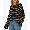 imageBTFBM Womens Striped Knit Sweaters 2025 Spring Fall Boat Neck Off Shoulder Long Sleeve Oversized Casual Pullover TopsStriped Black Khaki