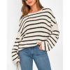 imageBTFBM Womens Striped Knit Sweaters 2025 Spring Fall Boat Neck Off Shoulder Long Sleeve Oversized Casual Pullover TopsStriped White Black