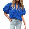 imageBTFBM Womens Casual Summer Blouse 2025 Hollow Out Eyelet Embroidery Tops V Neck Buttons Puff Short Sleeve Boho ShirtsBlue