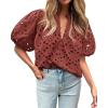 imageBTFBM Womens Casual Summer Blouse 2025 Hollow Out Eyelet Embroidery Tops V Neck Buttons Puff Short Sleeve Boho ShirtsBrown Red