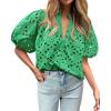 imageBTFBM Womens Casual Summer Blouse 2025 Hollow Out Eyelet Embroidery Tops V Neck Buttons Puff Short Sleeve Boho ShirtsGreen