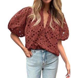imageBTFBM Womens Casual Summer Blouse 2025 Hollow Out Eyelet Embroidery Tops V Neck Buttons Puff Short Sleeve Boho ShirtsBrown Red