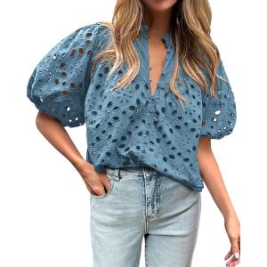 imageBTFBM Womens Casual Summer Blouse 2025 Hollow Out Eyelet Embroidery Tops V Neck Buttons Puff Short Sleeve Boho ShirtsGrey Blue