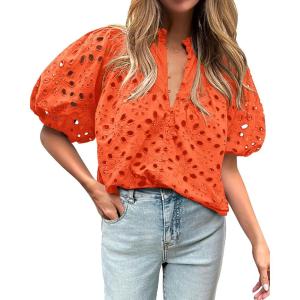 imageBTFBM Womens Casual Summer Blouse 2025 Hollow Out Eyelet Embroidery Tops V Neck Buttons Puff Short Sleeve Boho ShirtsOrange