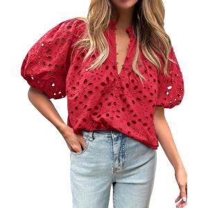 imageBTFBM Womens Casual Summer Blouse 2025 Hollow Out Eyelet Embroidery Tops V Neck Buttons Puff Short Sleeve Boho ShirtsRed