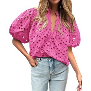 imageBTFBM Womens Casual Summer Blouse 2025 Hollow Out Eyelet Embroidery Tops V Neck Buttons Puff Short Sleeve Boho ShirtsRose Pink