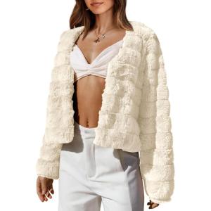 imageBTFBM Womens Faux Fur Cropped Jacket Fall Winter Fashion 2025 Soft Long Sleeve Open Front Fluffy Short Coat OuterwearSolid Apricot