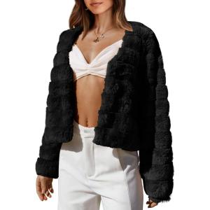 imageBTFBM Womens Faux Fur Cropped Jacket Fall Winter Fashion 2025 Soft Long Sleeve Open Front Fluffy Short Coat OuterwearSolid Black