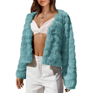 imageBTFBM Womens Faux Fur Cropped Jacket Fall Winter Fashion 2025 Soft Long Sleeve Open Front Fluffy Short Coat OuterwearSolid Blue Green
