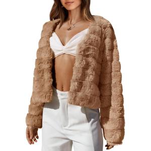 imageBTFBM Womens Faux Fur Cropped Jacket Fall Winter Fashion 2025 Soft Long Sleeve Open Front Fluffy Short Coat OuterwearSolid Brown