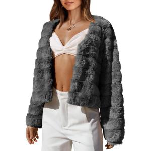 imageBTFBM Womens Faux Fur Cropped Jacket Fall Winter Fashion 2025 Soft Long Sleeve Open Front Fluffy Short Coat OuterwearSolid Dark Grey