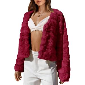 imageBTFBM Womens Faux Fur Cropped Jacket Fall Winter Fashion 2025 Soft Long Sleeve Open Front Fluffy Short Coat OuterwearSolid Dark Red