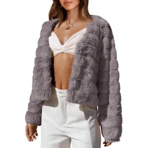 imageBTFBM Womens Faux Fur Cropped Jacket Fall Winter Fashion 2025 Soft Long Sleeve Open Front Fluffy Short Coat OuterwearSolid Light Grey