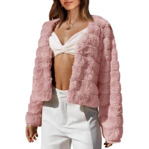 imageBTFBM Womens Faux Fur Cropped Jacket Fall Winter Fashion 2025 Soft Long Sleeve Open Front Fluffy Short Coat OuterwearSolid Pink