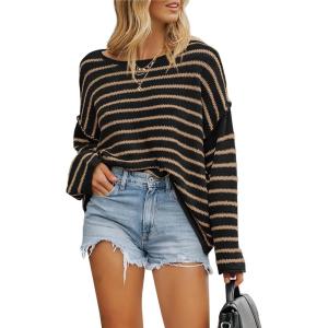 imageBTFBM Womens Striped Knit Sweaters 2025 Spring Fall Boat Neck Off Shoulder Long Sleeve Oversized Casual Pullover TopsStriped Black Khaki