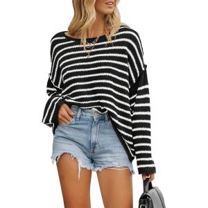 imageBTFBM Womens Striped Knit Sweaters 2025 Spring Fall Boat Neck Off Shoulder Long Sleeve Oversized Casual Pullover TopsStriped Black White