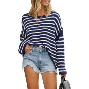 imageBTFBM Womens Striped Knit Sweaters 2025 Spring Fall Boat Neck Off Shoulder Long Sleeve Oversized Casual Pullover TopsStriped Navy White