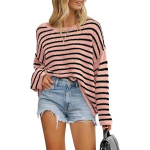 imageBTFBM Womens Striped Knit Sweaters 2025 Spring Fall Boat Neck Off Shoulder Long Sleeve Oversized Casual Pullover TopsStriped Pink Black
