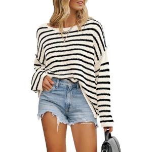 imageBTFBM Womens Striped Knit Sweaters 2025 Spring Fall Boat Neck Off Shoulder Long Sleeve Oversized Casual Pullover TopsStriped White Black