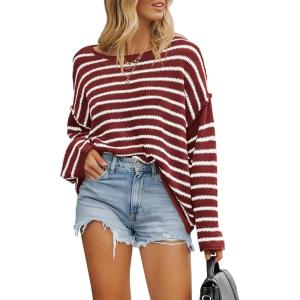 imageBTFBM Womens Striped Knit Sweaters 2025 Spring Fall Boat Neck Off Shoulder Long Sleeve Oversized Casual Pullover TopsStriped Wine Red White
