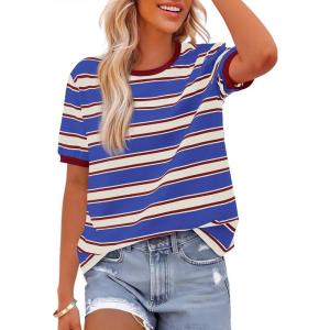 imageBTFBM Womens Summer Tops 2025 Crewneck Short Sleeve Striped T Shirts Casual Loose Lightweight Color Block Basic TeeBlue Wine Red