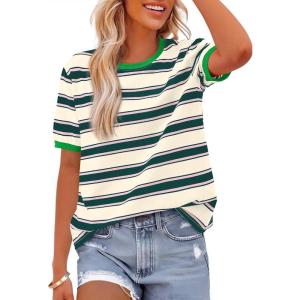 imageBTFBM Womens Summer Tops 2025 Crewneck Short Sleeve Striped T Shirts Casual Loose Lightweight Color Block Basic TeeDark Green Apricot