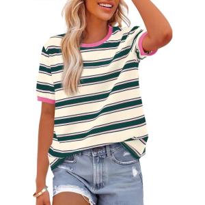 imageBTFBM Womens Summer Tops 2025 Crewneck Short Sleeve Striped T Shirts Casual Loose Lightweight Color Block Basic TeeDark Green Pink