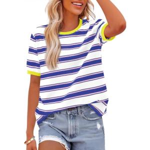 imageBTFBM Womens Summer Tops 2025 Crewneck Short Sleeve Striped T Shirts Casual Loose Lightweight Color Block Basic TeeWhite Dark Blue