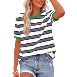 imageBTFBM Womens Summer Tops 2025 Crewneck Short Sleeve Striped T Shirts Casual Loose Lightweight Color Block Basic TeeWhite Grey