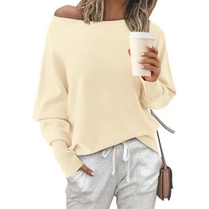 imageBTFBM Womens Trendy Off Shoulder Sweater 2024 Fall Long Sleeve Casual Loose Tunics Asymmetrical Pullover Going Out TopsBeige White