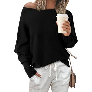 imageBTFBM Womens Trendy Off Shoulder Sweater 2024 Fall Long Sleeve Casual Loose Tunics Asymmetrical Pullover Going Out TopsBlack
