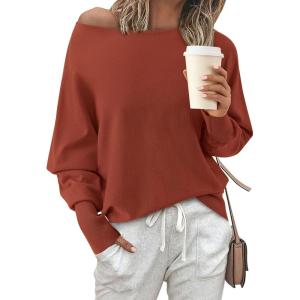 imageBTFBM Womens Trendy Off Shoulder Sweater 2024 Fall Long Sleeve Casual Loose Tunics Asymmetrical Pullover Going Out TopsBrick Red