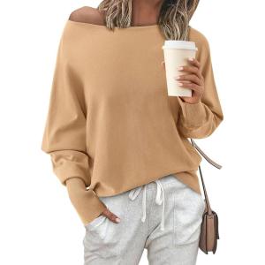 imageBTFBM Womens Trendy Off Shoulder Sweater 2024 Fall Long Sleeve Casual Loose Tunics Asymmetrical Pullover Going Out TopsKhaki