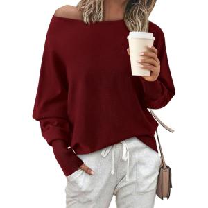 imageBTFBM Womens Trendy Off Shoulder Sweater 2024 Fall Long Sleeve Casual Loose Tunics Asymmetrical Pullover Going Out TopsWine Red