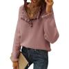 imageBTFBM Womens Sweaters Fall Winter Clothes 2025 Long Sleeve Button Down Ruffle Crew Neck Casual Knitted Pullover TopsSolid Pink