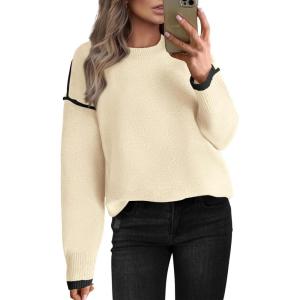 imageBTFBM Fall Sweaters for Women 2025 Trendy Casual Crew Neck Long Sleeve Loose Ribbed Knit Sweater Pullover Jumper TopsSolid Beige