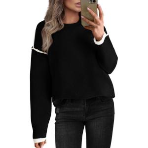 imageBTFBM Fall Sweaters for Women 2025 Trendy Casual Crew Neck Long Sleeve Loose Ribbed Knit Sweater Pullover Jumper TopsSolid Black