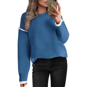 imageBTFBM Fall Sweaters for Women 2025 Trendy Casual Crew Neck Long Sleeve Loose Ribbed Knit Sweater Pullover Jumper TopsSolid Denim Blue