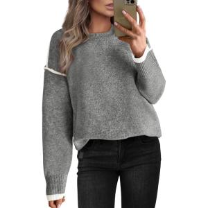 imageBTFBM Fall Sweaters for Women 2025 Trendy Casual Crew Neck Long Sleeve Loose Ribbed Knit Sweater Pullover Jumper TopsSolid Grey