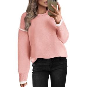 imageBTFBM Fall Sweaters for Women 2025 Trendy Casual Crew Neck Long Sleeve Loose Ribbed Knit Sweater Pullover Jumper TopsSolid Pink