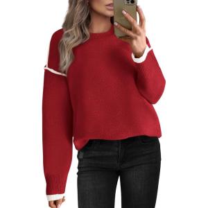 imageBTFBM Fall Sweaters for Women 2025 Trendy Casual Crew Neck Long Sleeve Loose Ribbed Knit Sweater Pullover Jumper TopsSolid Red