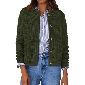 imageBTFBM Women Cardigan Sweaters Fall Fashion 2024 Button Down Long Sleeve Chunky Knit Open Front Tweed Jacket OuterwearSolid Army Green