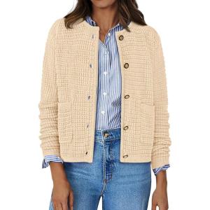 imageBTFBM Women Cardigan Sweaters Fall Fashion 2024 Button Down Long Sleeve Chunky Knit Open Front Tweed Jacket OuterwearSolid Beige