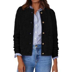 imageBTFBM Women Cardigan Sweaters Fall Fashion 2024 Button Down Long Sleeve Chunky Knit Open Front Tweed Jacket OuterwearSolid Black