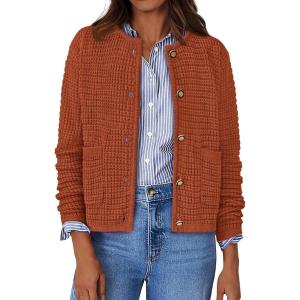 imageBTFBM Women Cardigan Sweaters Fall Fashion 2024 Button Down Long Sleeve Chunky Knit Open Front Tweed Jacket OuterwearSolid Caramel
