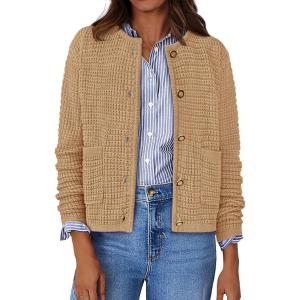 imageBTFBM Women Cardigan Sweaters Fall Fashion 2024 Button Down Long Sleeve Chunky Knit Open Front Tweed Jacket OuterwearSolid Khaki