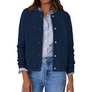 imageBTFBM Women Cardigan Sweaters Fall Fashion 2024 Button Down Long Sleeve Chunky Knit Open Front Tweed Jacket OuterwearSolid Navy