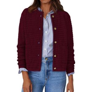 imageBTFBM Women Cardigan Sweaters Fall Fashion 2024 Button Down Long Sleeve Chunky Knit Open Front Tweed Jacket OuterwearSolid Wine Red