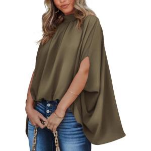 imageBTFBM Women Mock Neck Summer Tops 2025 Spring Batwing Short Sleeve Loose High Low Hem Casual Oversized Blouses ShirtsArmy Green